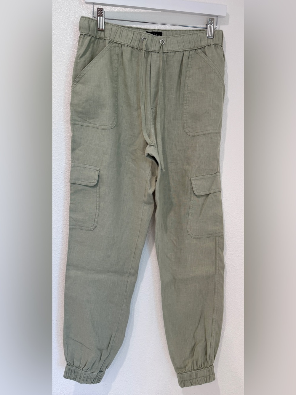 Nicole Miller Sage Green 100% Linen Elastic Waist Cargo Jogger Pants Utility M